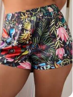 Anthropologie Printed Boxer Shorts Med Black Catherine Nolin Satin Botanical